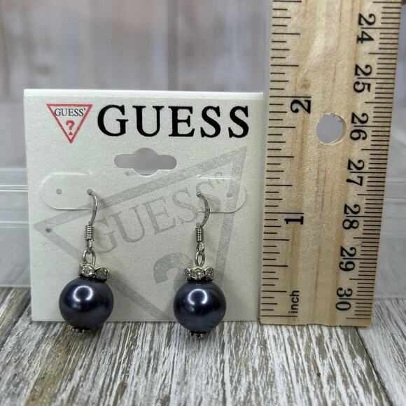 3/$15 GUESS Silver Tone White Rhinestone Gray Faux Pearl Fishhook Earrings - Picture 5 of 6